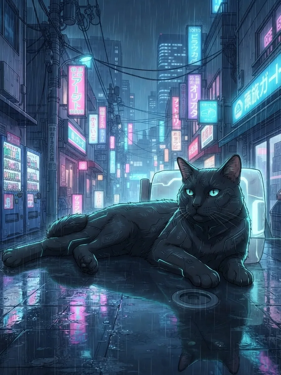 Black cybernetic cat in a rainy neon Tokyo anime scene