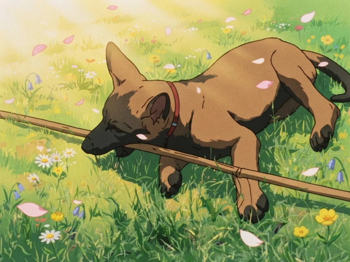 Tan dog with a stick rendered as a hand-painted 1980s anime cel in a spring meadow