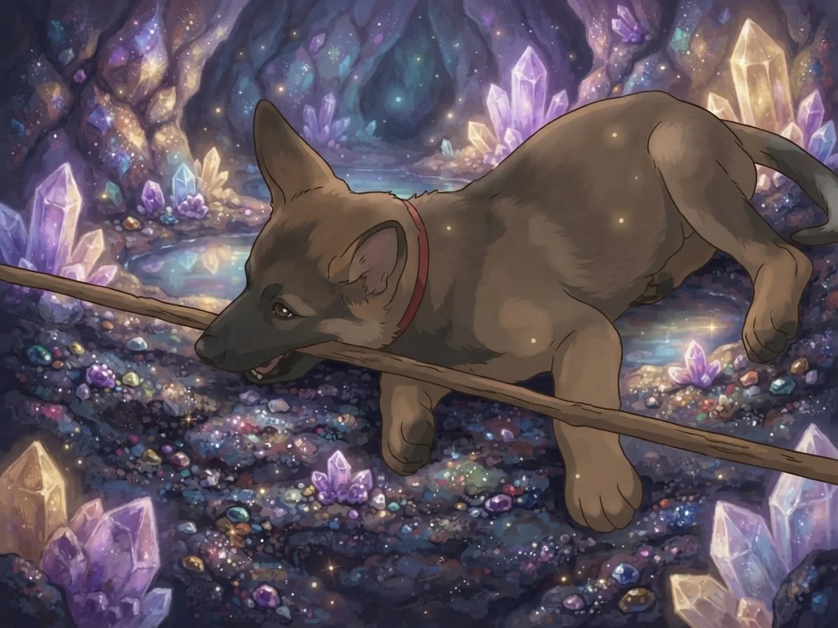 Tan dog with a stick illustrated in a glowing fantasy anime crystal cave