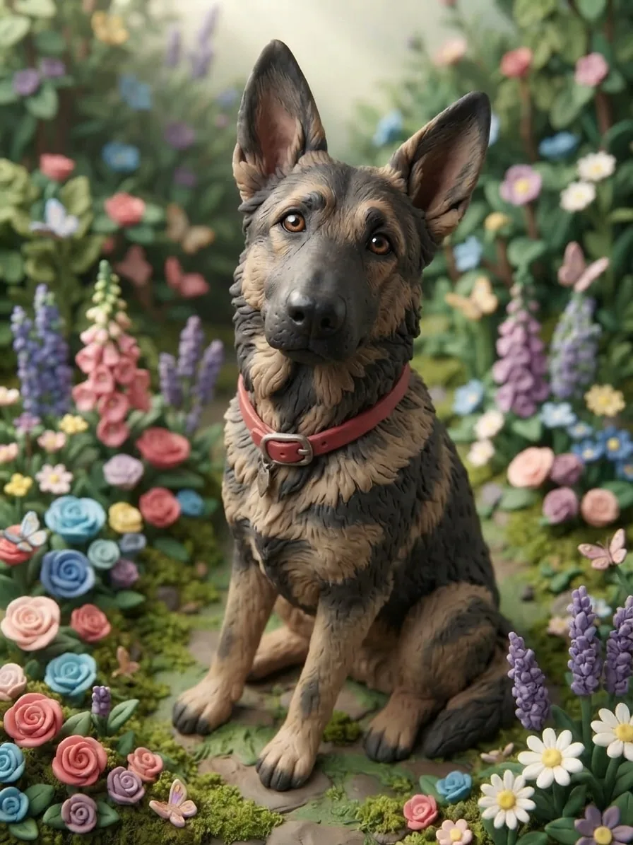 German Shepherd sculpted in clay among colourful handmade garden flowers
