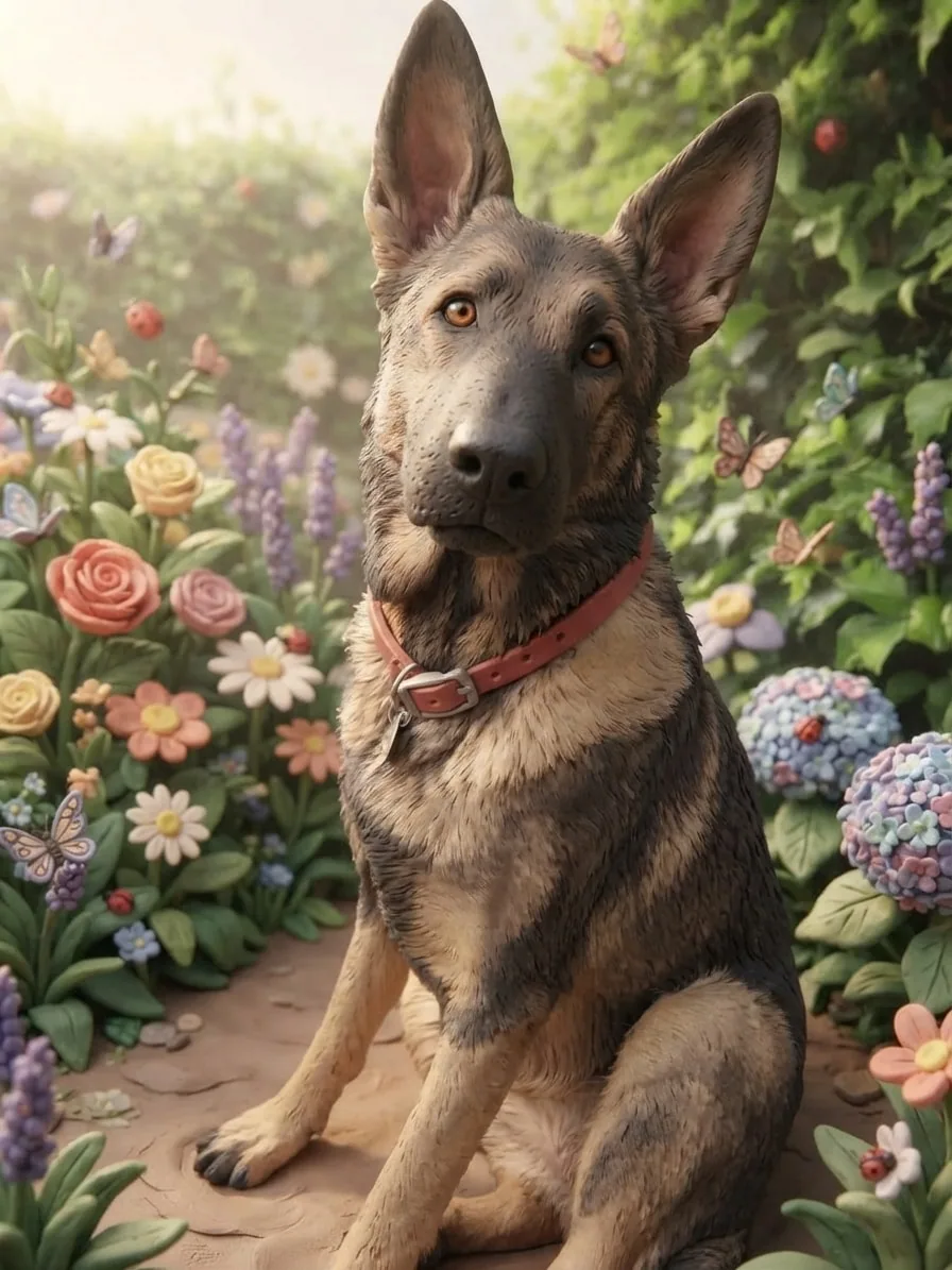 German Shepherd sculpted in clay among colourful handmade garden flowers