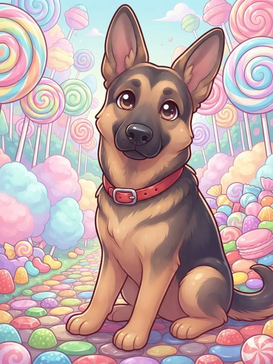 German Shepherd sitting among pastel sweets in a glossy Kawaii Candyland