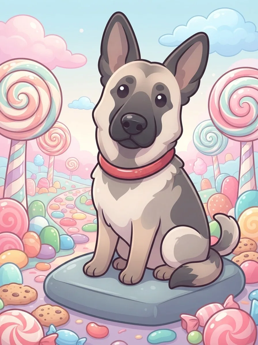 German Shepherd sitting among pastel sweets in a glossy Kawaii Candyland