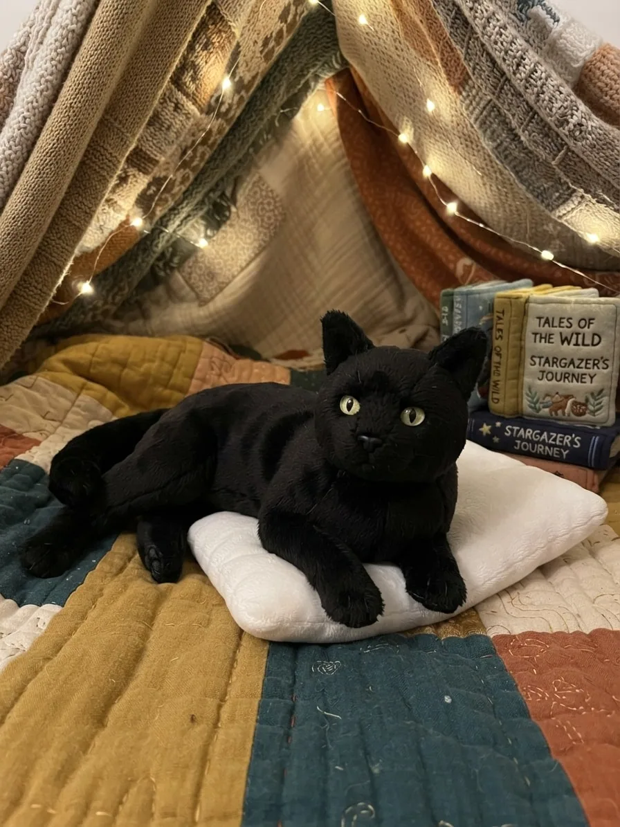 Black cat transformed into a soft plush toy inside a warm patchwork blanket fort