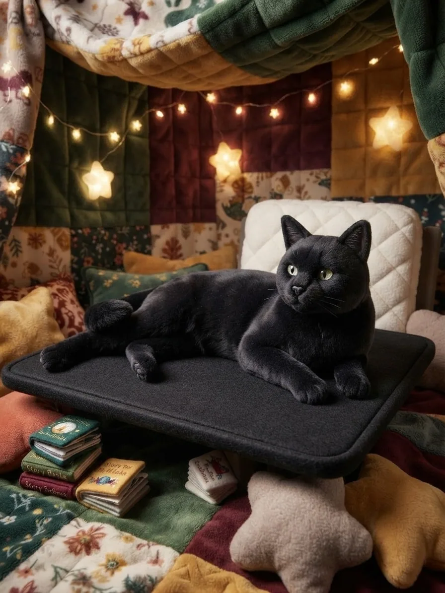 Black cat transformed into a soft plush toy inside a warm patchwork blanket fort