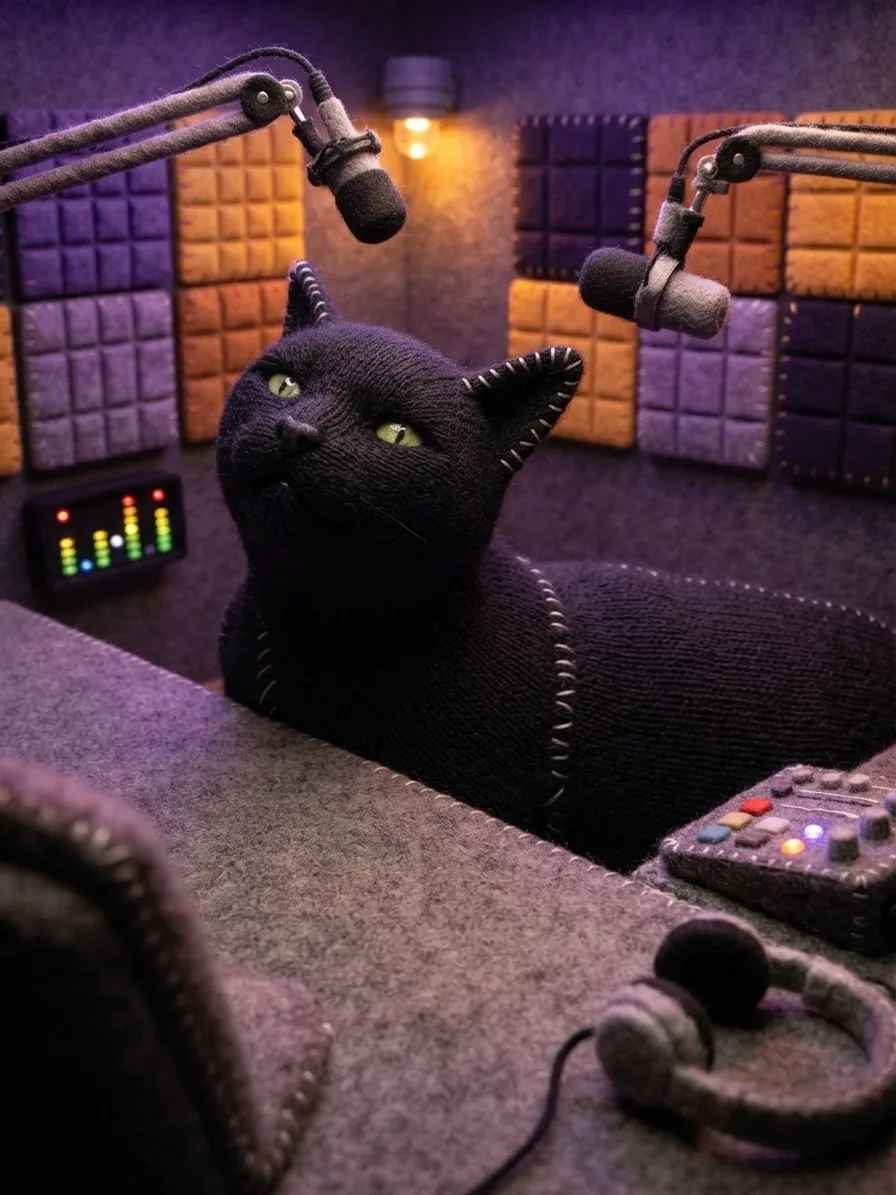 Black cat rendered as a knitted sock puppet inside a colourful podcast studio