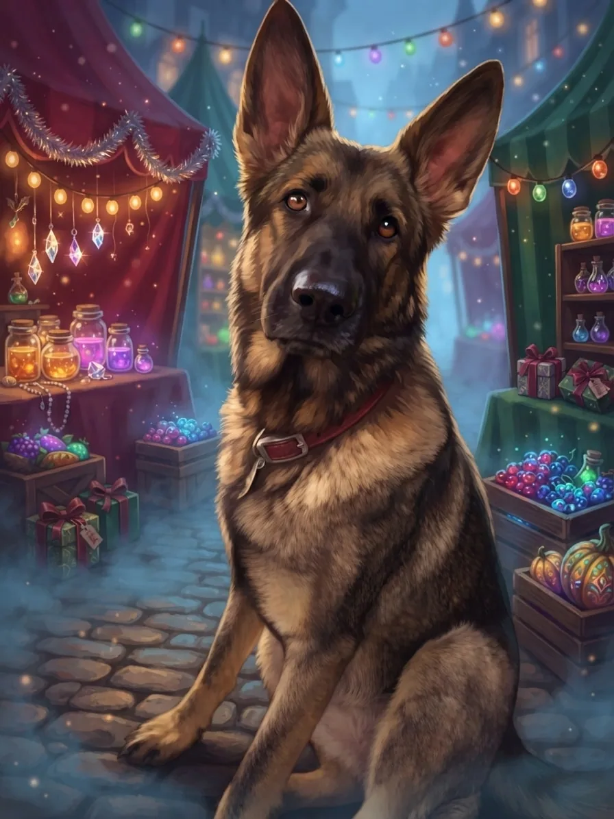 German Shepherd inside a misty fae market decorated with Christmas lights and gifts