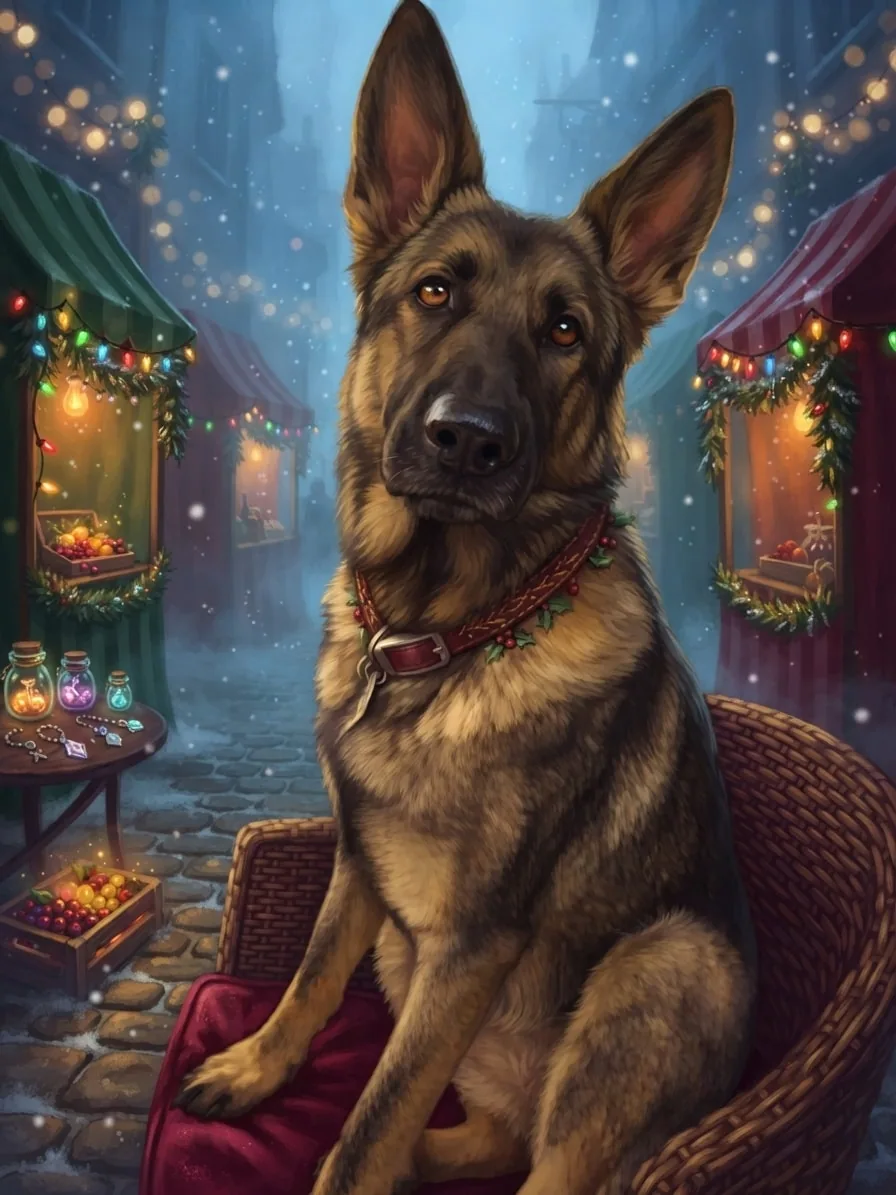 German Shepherd inside a misty fae market decorated with Christmas lights and gifts