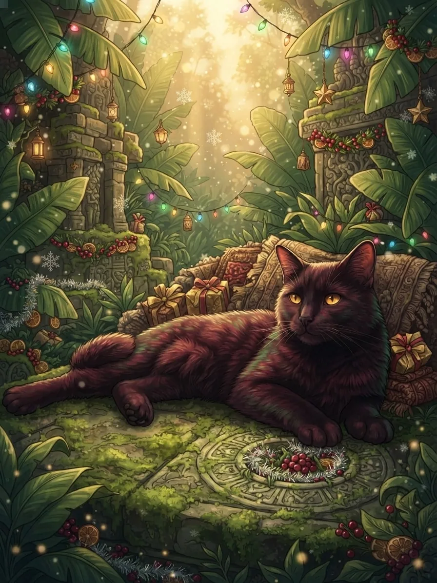 Black cat inside a tropical jungle temple decorated for Christmas