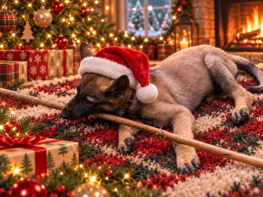 German Shepherd puppy wearing a Santa hat beside a Christmas tree and fireplace