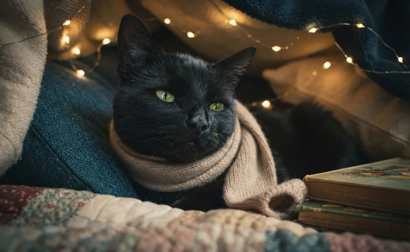 Black cat wearing a cosy knit scarf inside a fairy-lit blanket fort