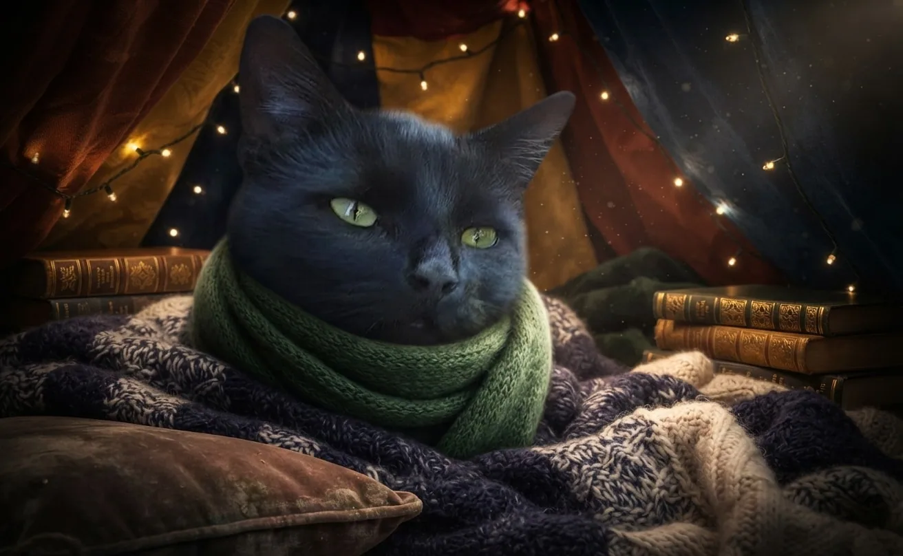 Black cat wearing a cosy knit scarf inside a fairy-lit blanket fort