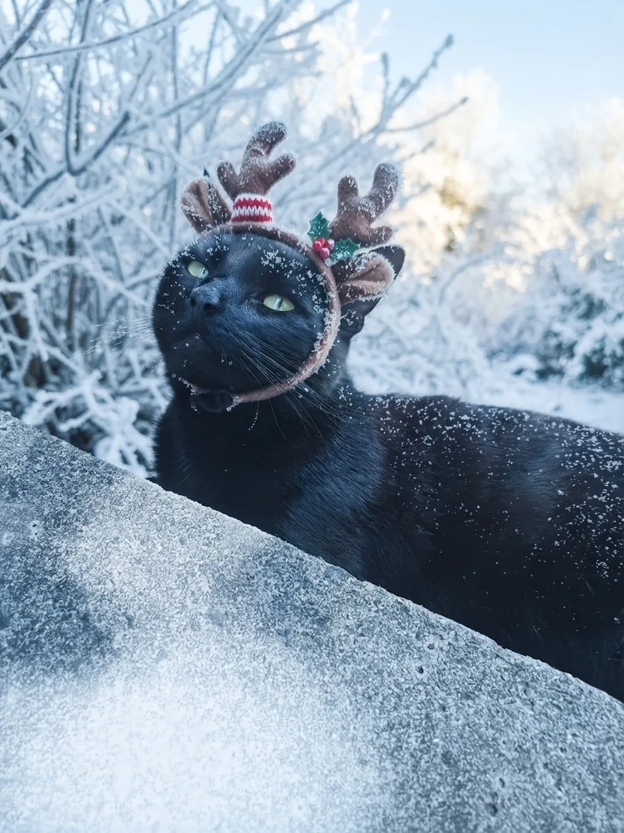 Black cat wearing reindeer antlers in a frosted winter landscape