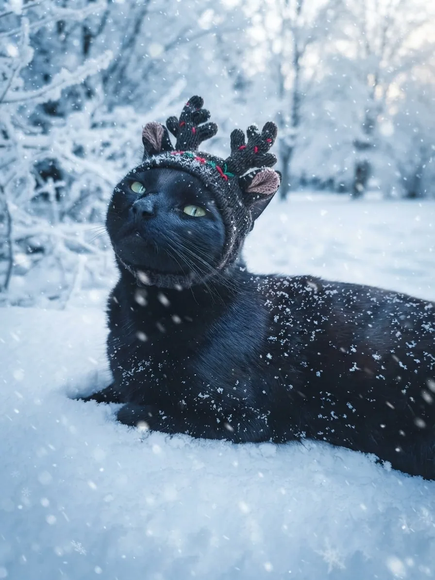 Black cat wearing reindeer antlers in a frosted winter landscape