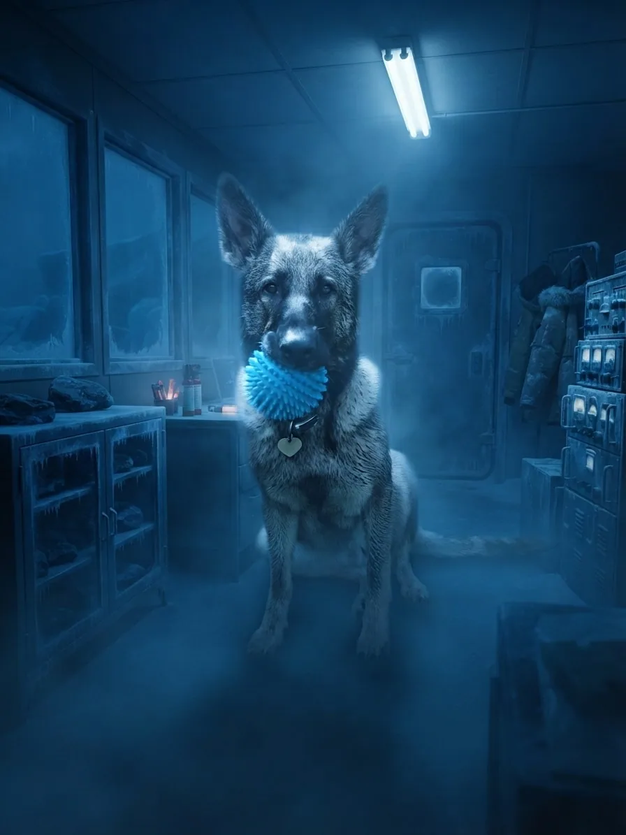 German Shepherd holding a blue ball inside a frozen research outpost with moonlit fog
