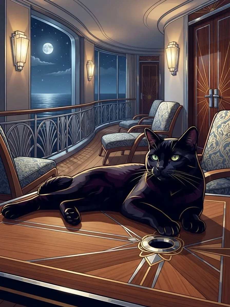 Black cat relaxing on the teak deck of an Art Deco ocean liner beneath moonlight
