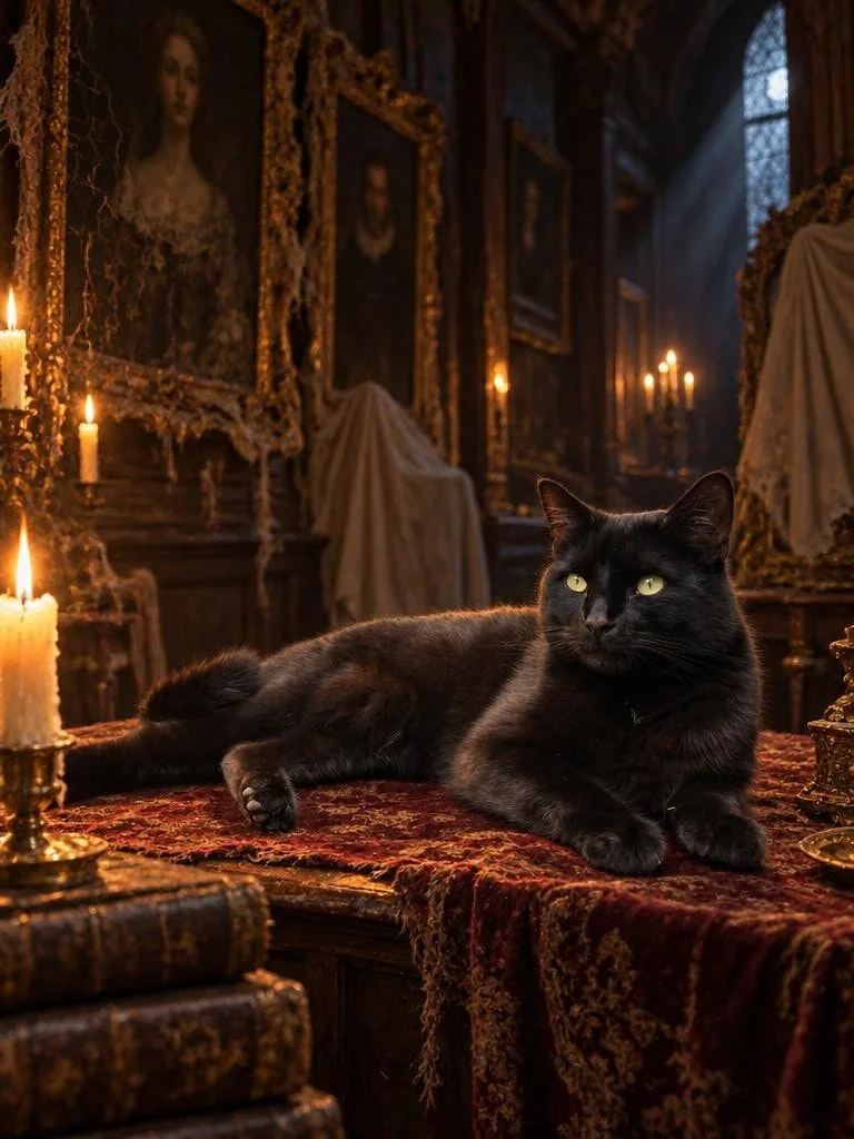 Black cat inside a candlelit gallery of antique portraits