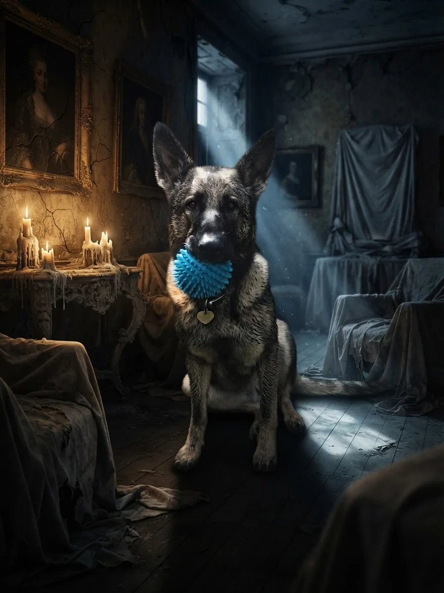 German Shepherd holding a blue ball inside a candlelit gallery of haunted antique portraits