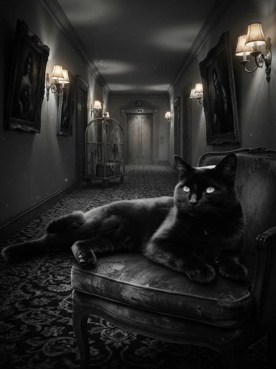Black cat resting in a grand haunted hotel corridor rendered as a monochrome noir film still
