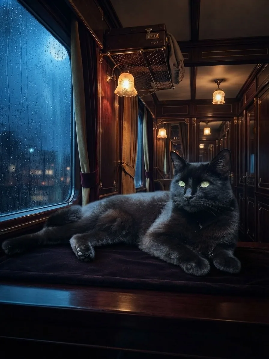 Black cat inside a rain-soaked sleeper train with cinematic lighting