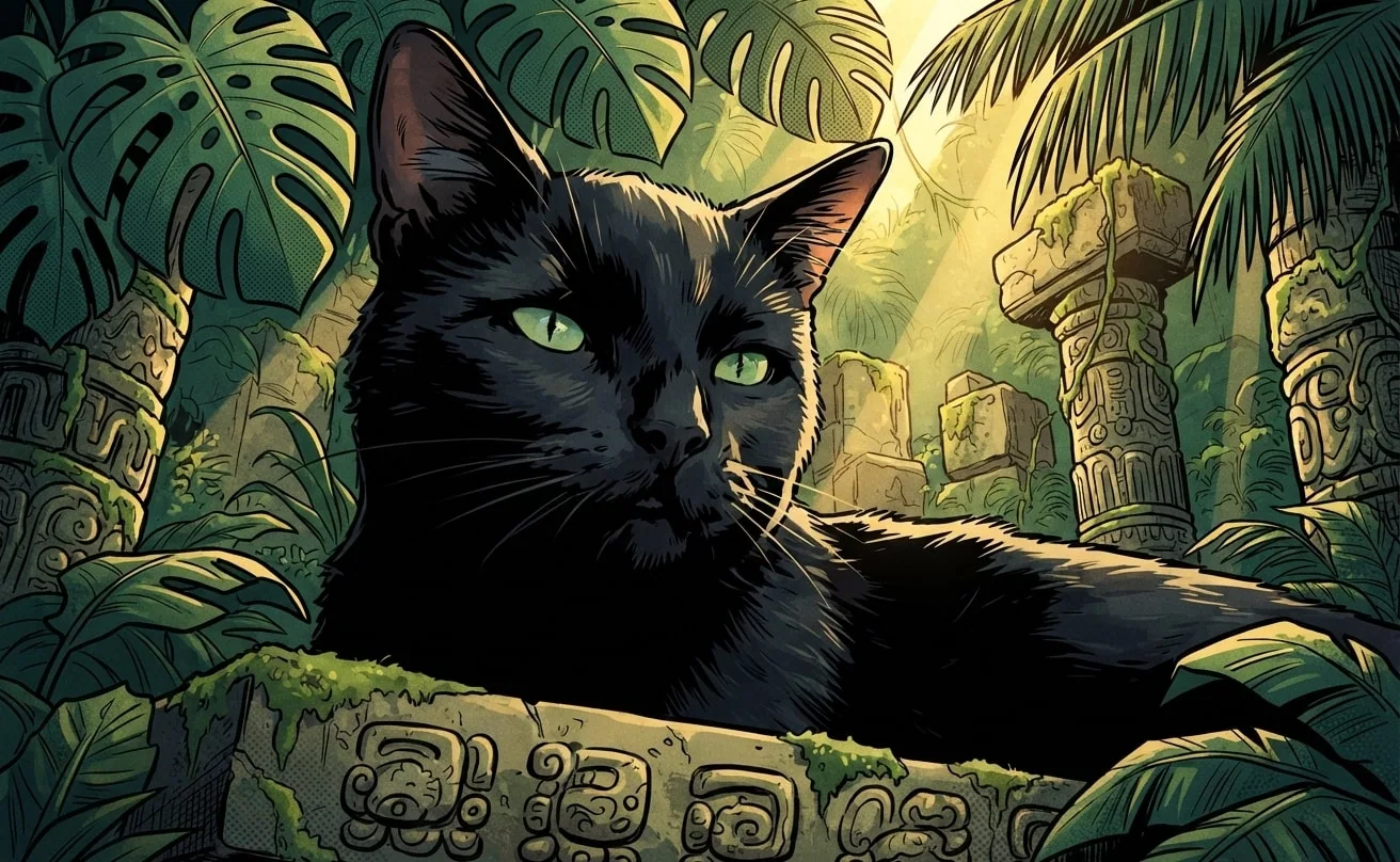 Black cat with green eyes rendered in bold comic-book ink among jungle ruins