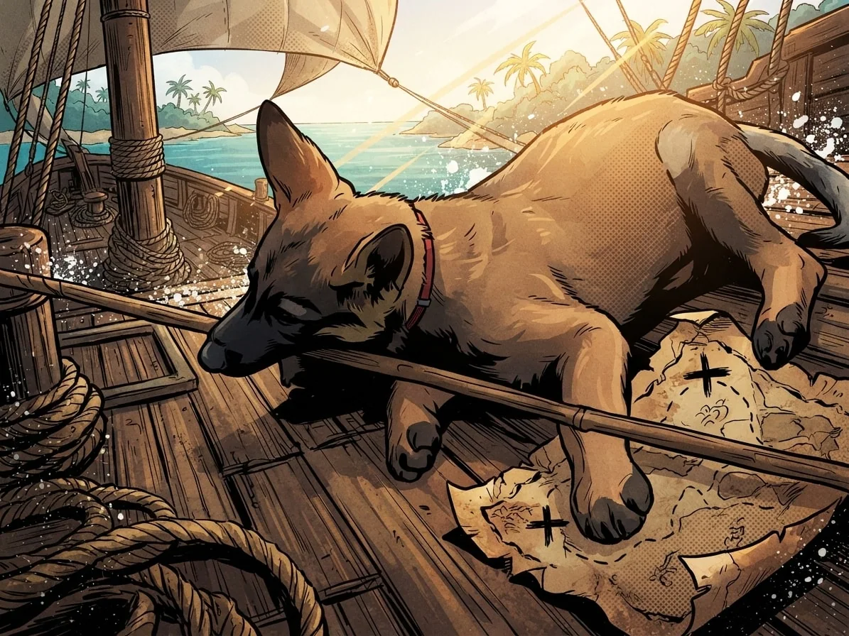 Young German Shepherd with a stick rendered in comic-book ink on a sunlit pirate ship