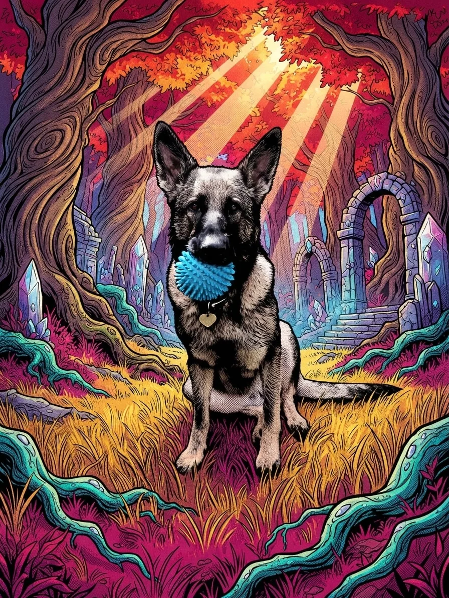 German Shepherd with a blue ball in a vivid comic-book fantasy forest