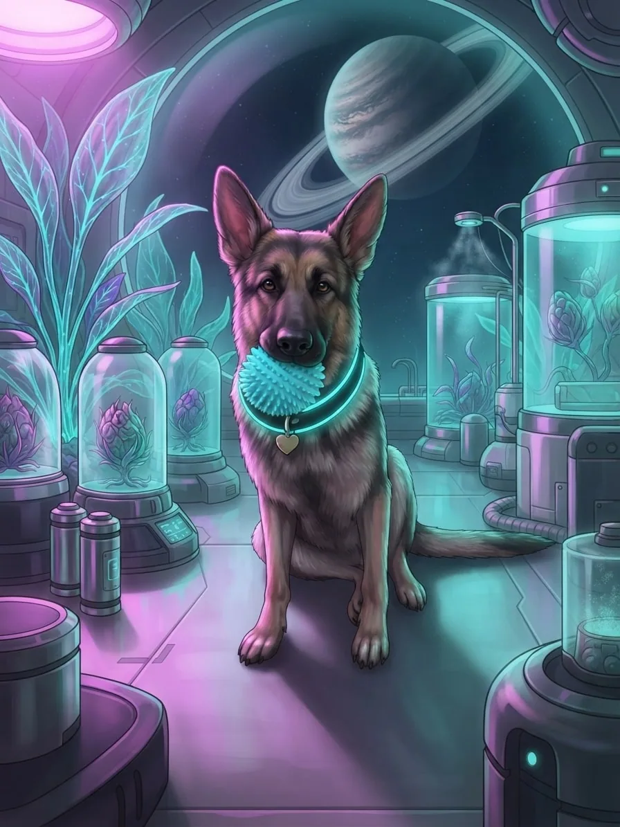 German Shepherd wearing a neon collar inside a glowing alien botanical laboratory