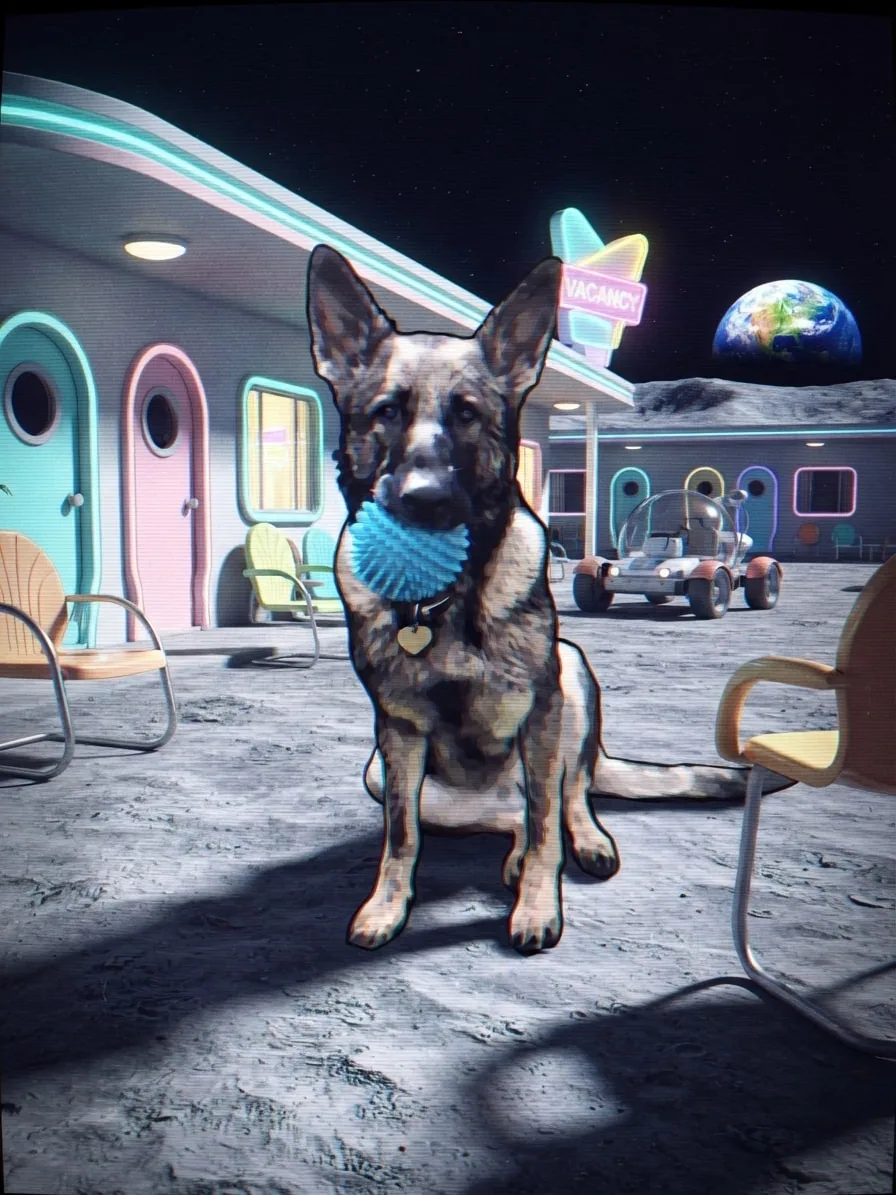 German Shepherd at a retro lunar motel rendered as a glitching CRT broadcast
