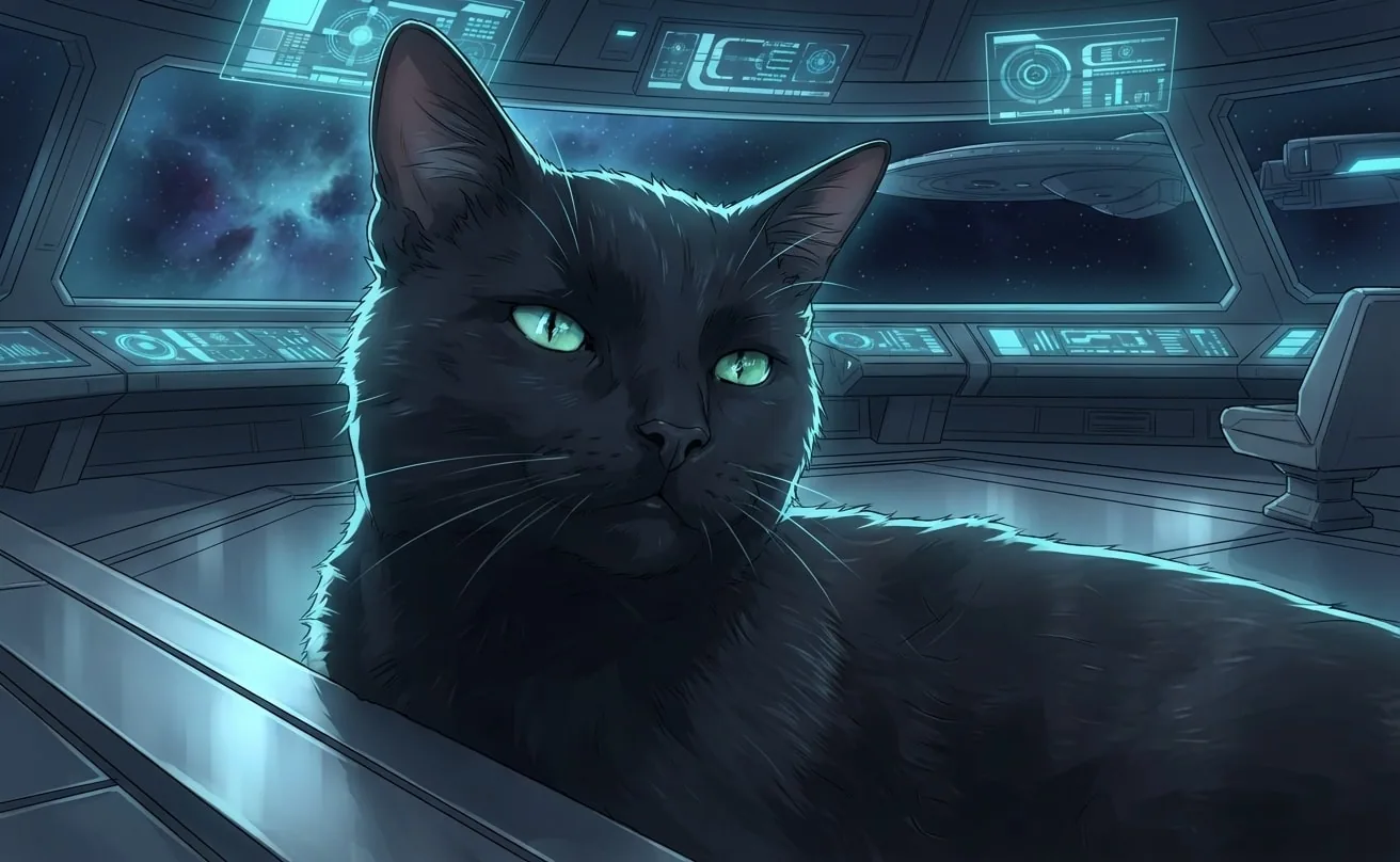 Black cat illustrated in precise cyber anime style on a futuristic starship bridge