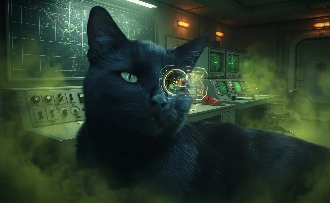 Black cat wearing a HUD eyepiece in a green industrial mission bunker