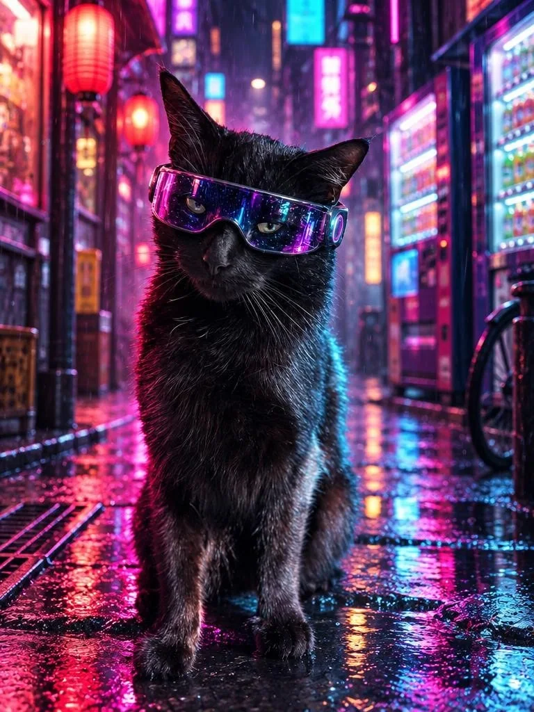 Black cat wearing a holographic visor in a rain-soaked neon Tokyo street