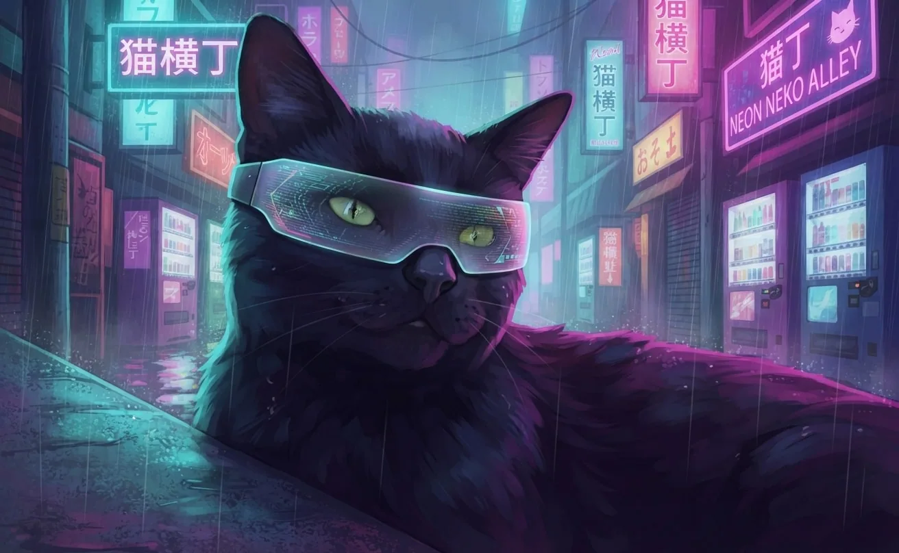 Black cat wearing a holographic visor in a rain-soaked neon street