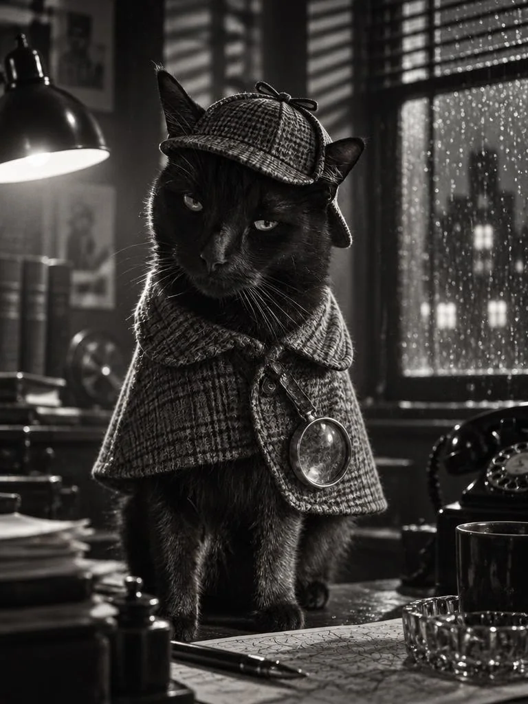 Chuck the black cat dressed as a detective in a rain-lit noir office