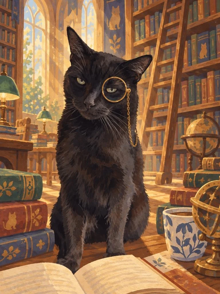 Chuck the black cat wearing a monocle in a warm storybook library