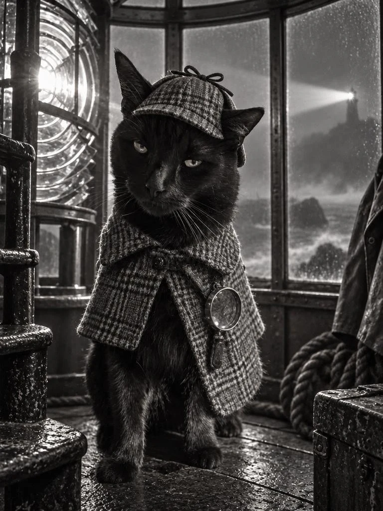 Chuck dressed as a detective inside a storm-lit lighthouse