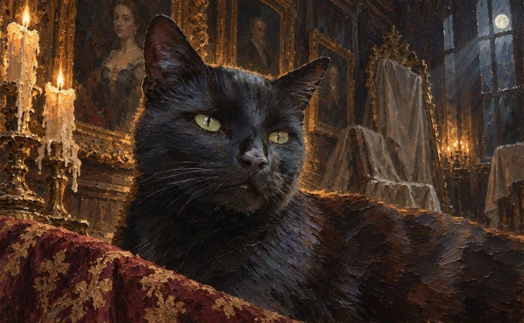 Chuck the black cat reclining inside a candlelit portrait gallery