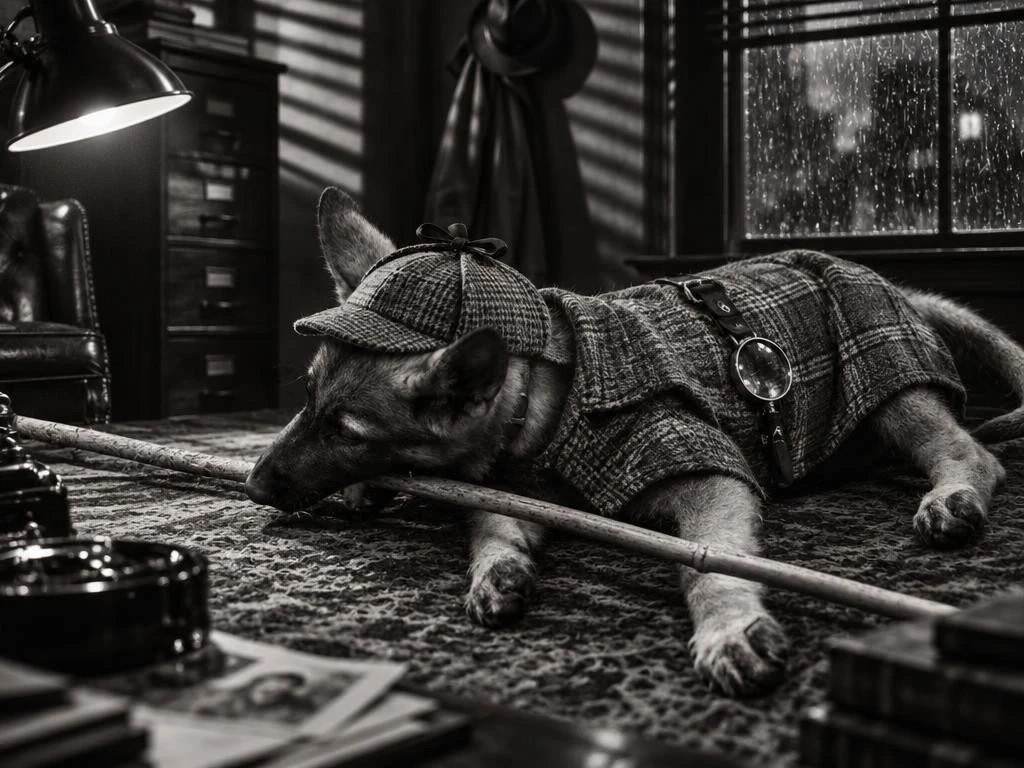 Eve the German Shepherd in a cinematic noir detective office