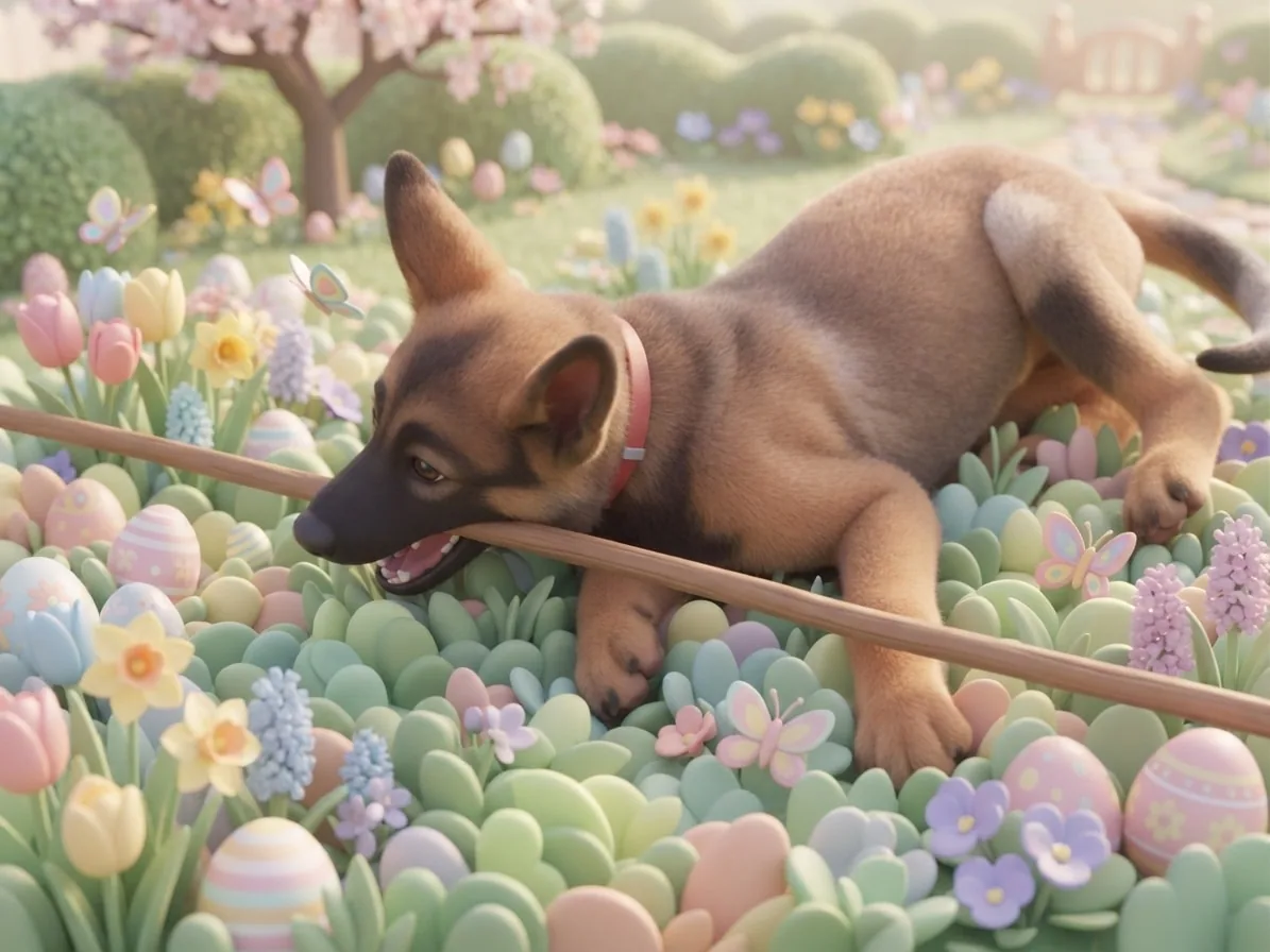 Young German Shepherd rendered as a soft 3D character among Easter eggs and flowers