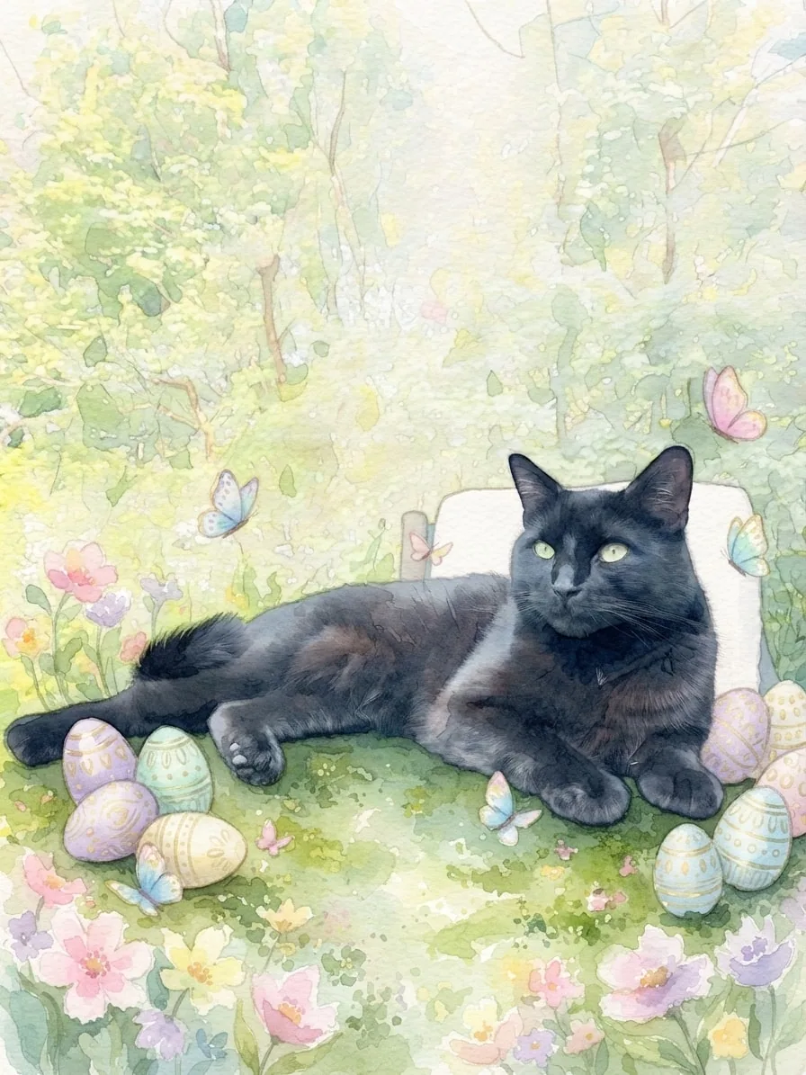 Black cat in a watercolor Easter garden with tulips and decorated eggs