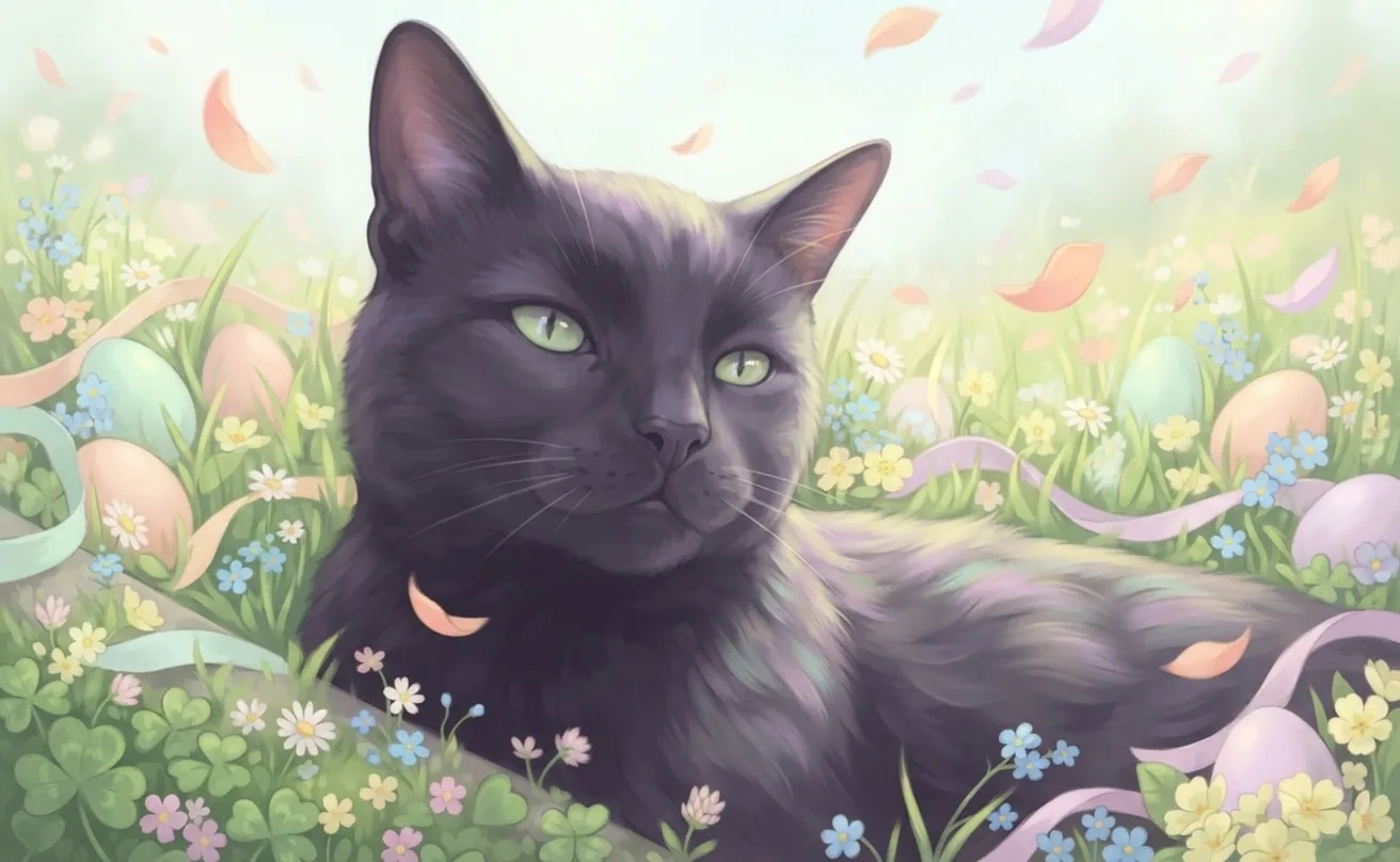 Black cat resting in a soft pastel spring meadow filled with flowers