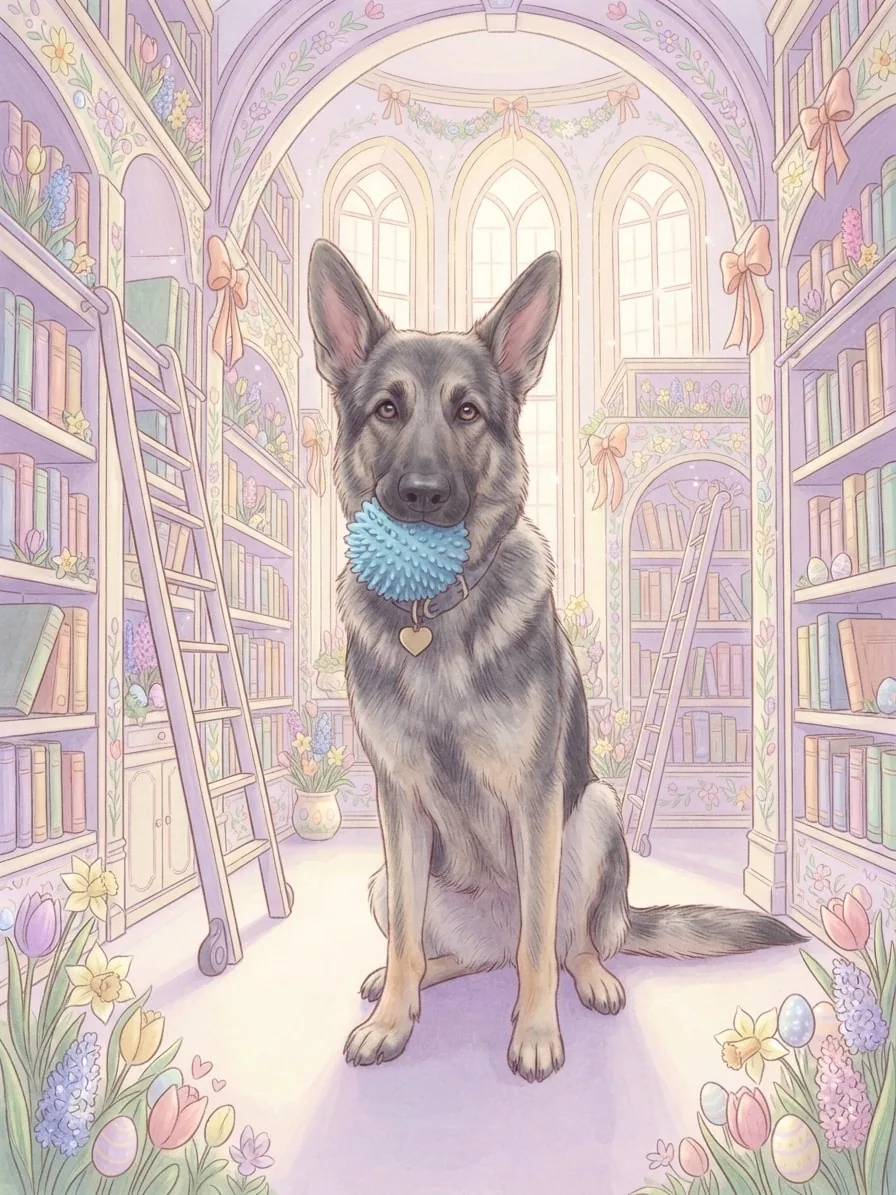 German Shepherd inside a softly lit pastel storybook library