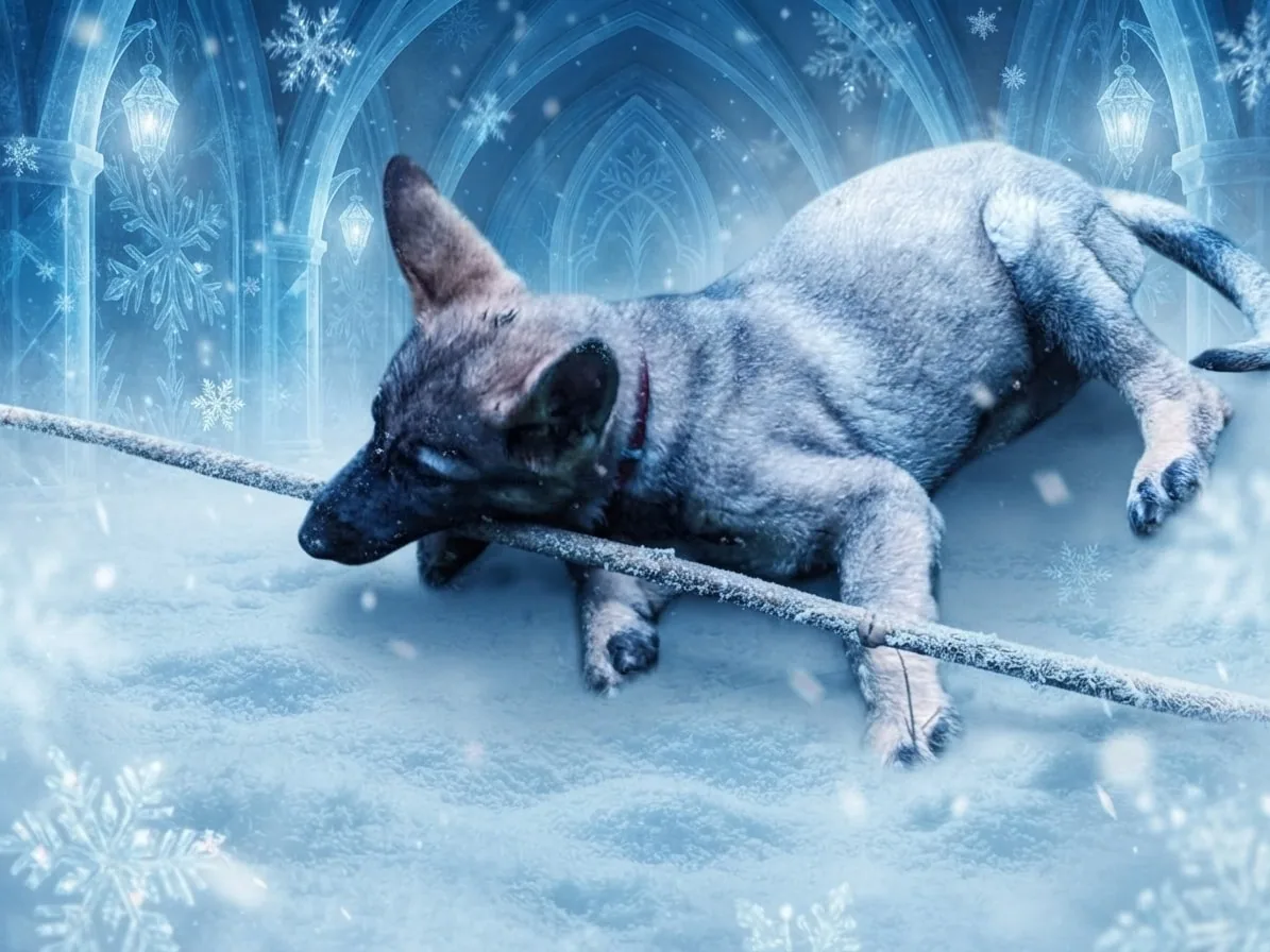 Dog with a stick transformed by crisp winter frost inside a luminous fantasy ice palace