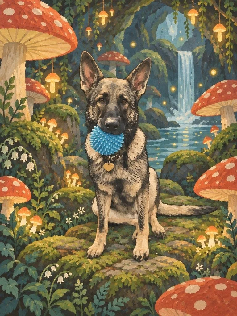German Shepherd with a blue ball painted in a storybook mushroom grotto