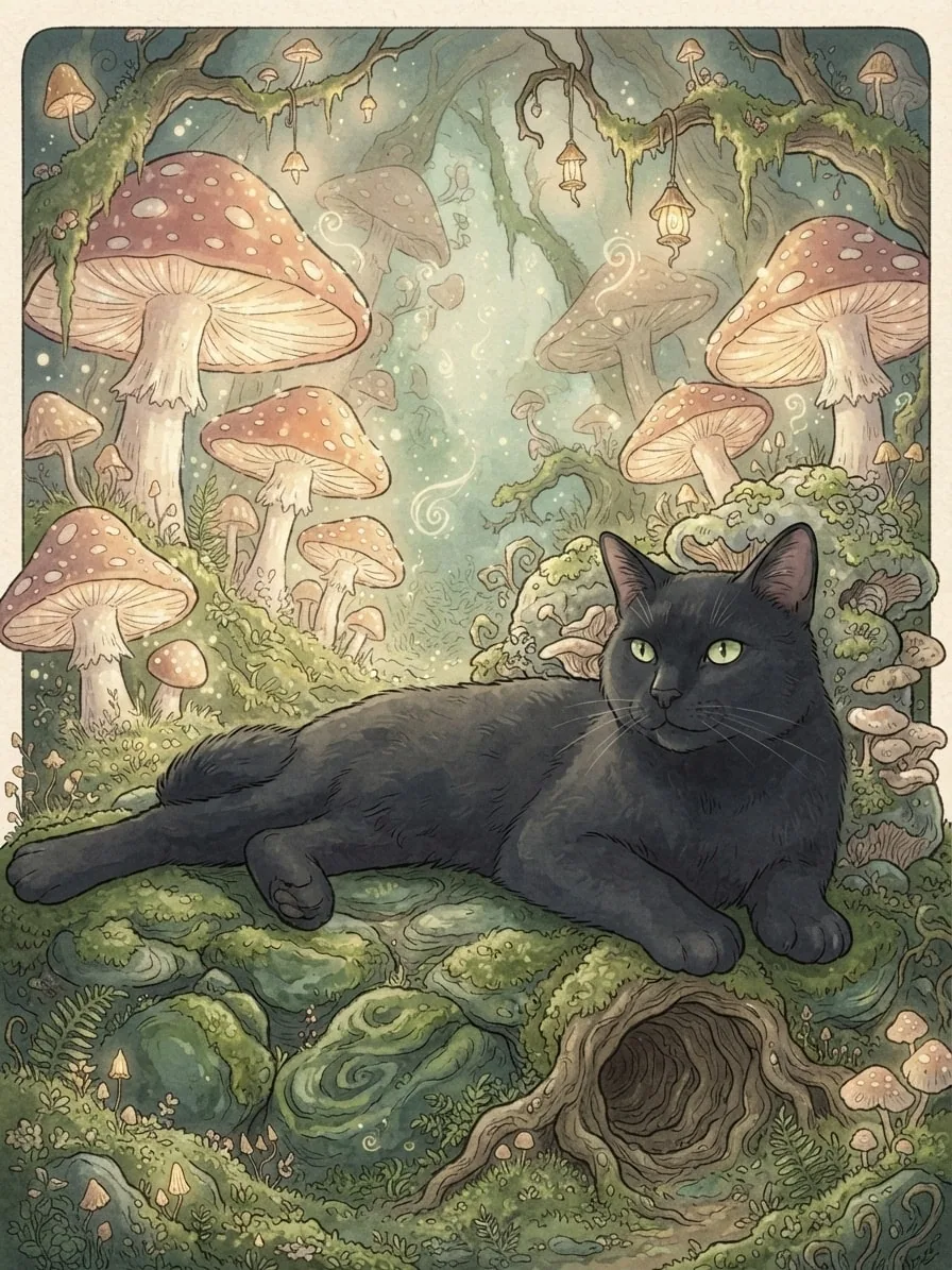 Black cat illustrated in a storybook mushroom grotto