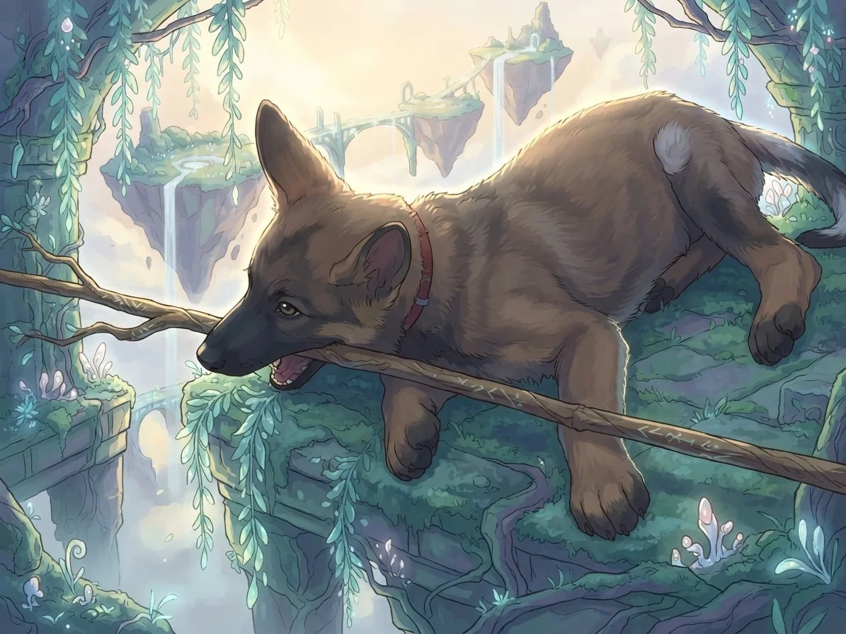 Tan dog with a stick illustrated among floating fantasy islands and ancient stone arches