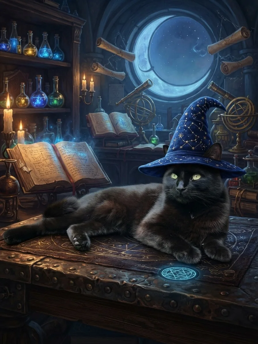 Black cat wearing a wizard hat in a candlelit workshop filled with potions and spellbooks