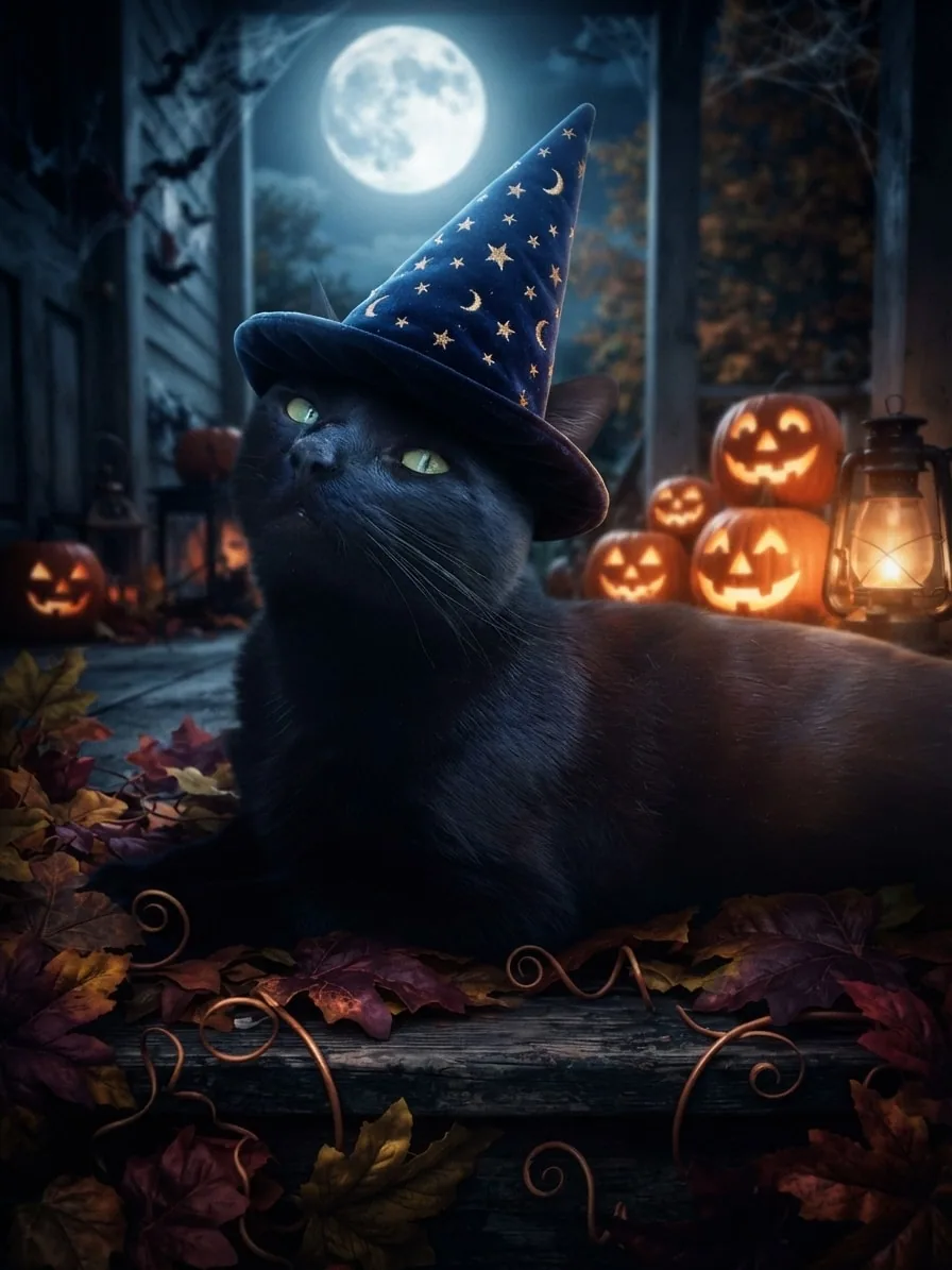 Black cat looking upward in a wizard hat inside a cinematic Halloween scene