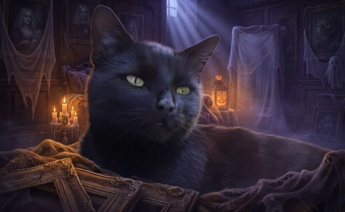 Black cat inside a candlelit cursed portrait gallery with violet Halloween haze