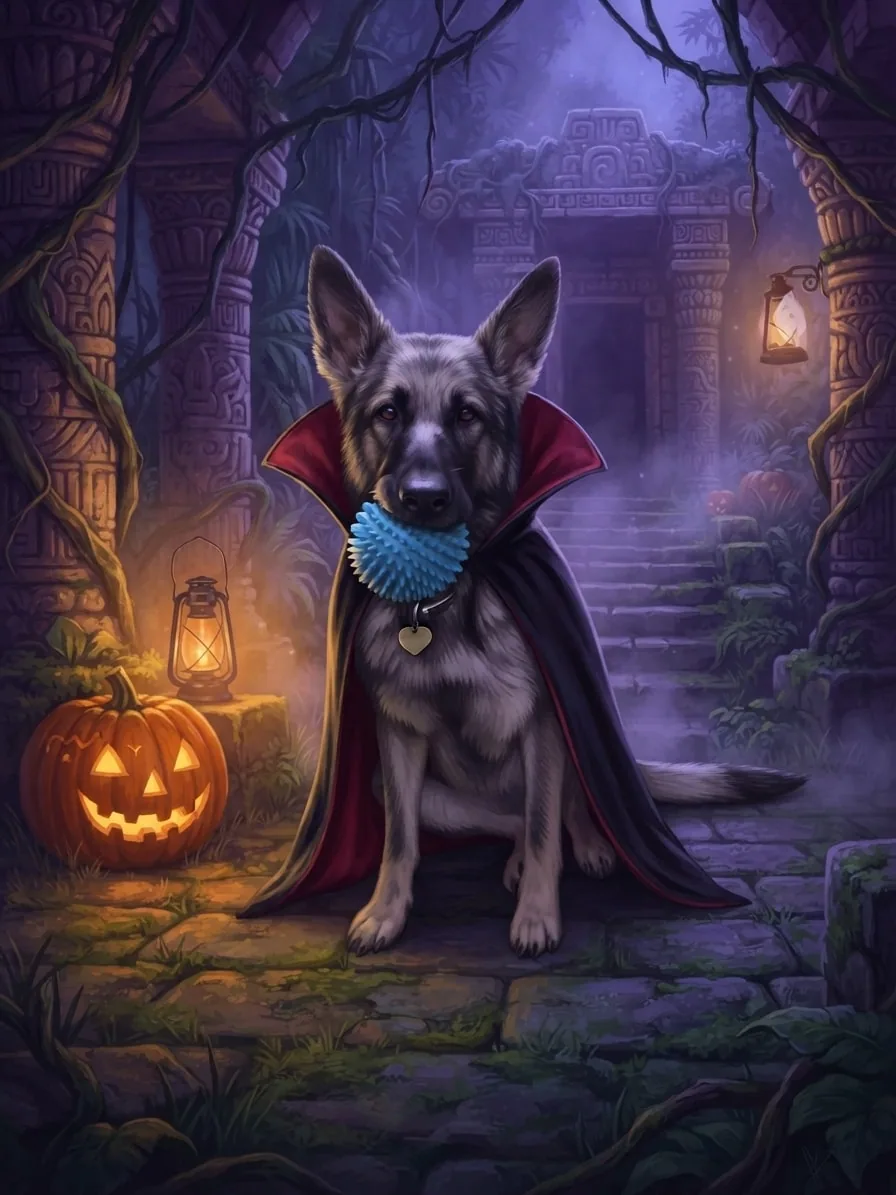 German Shepherd wearing a vampire cape inside a pumpkin-lit lost temple